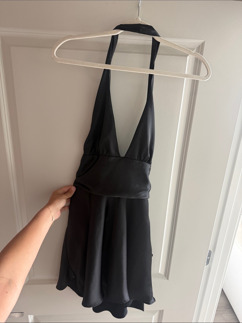 Zara Black Satin V-Neck Halter Mini Dress